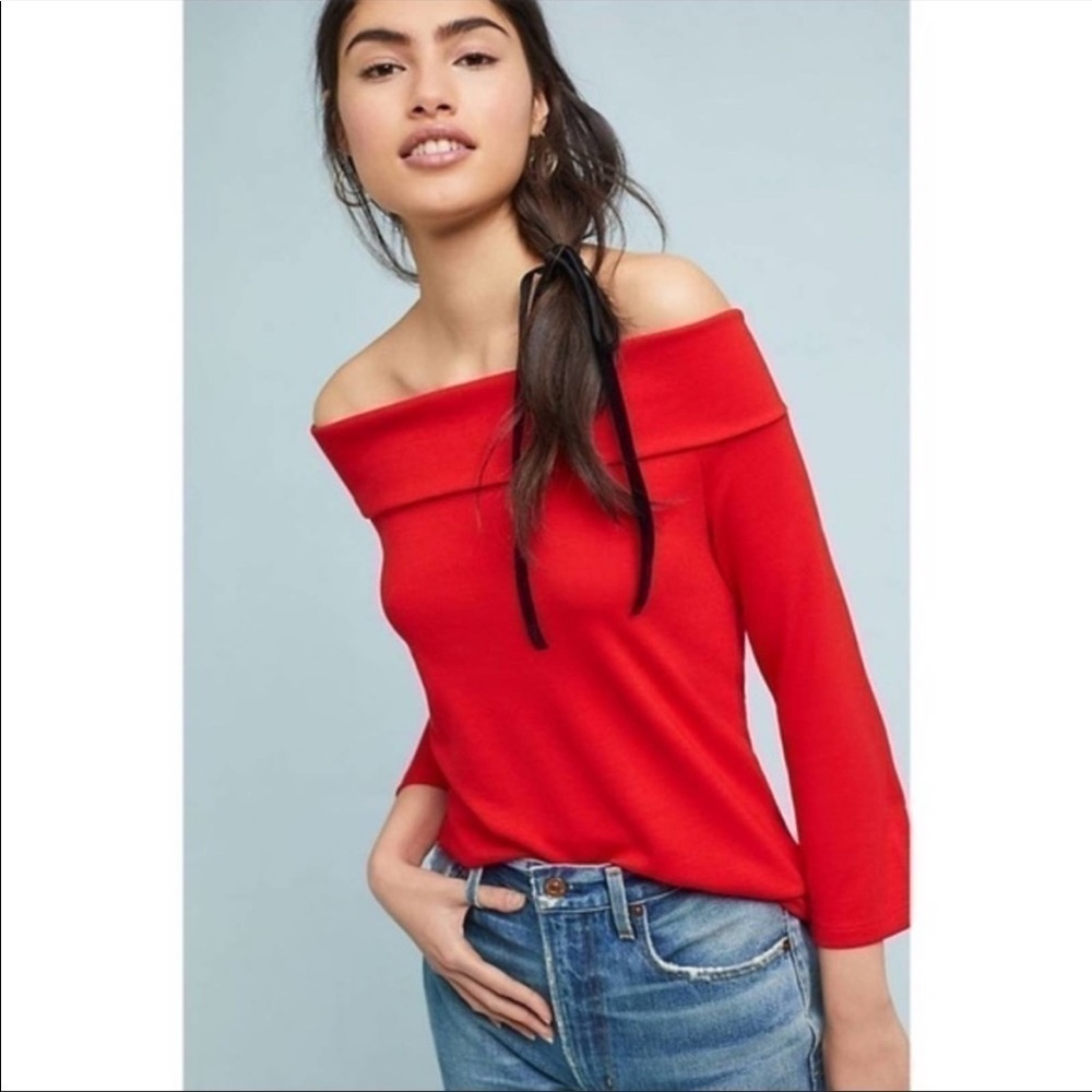 Anthropologie Blouse Off the Shoulder 3/4 Sleeve Shirt Top Red S